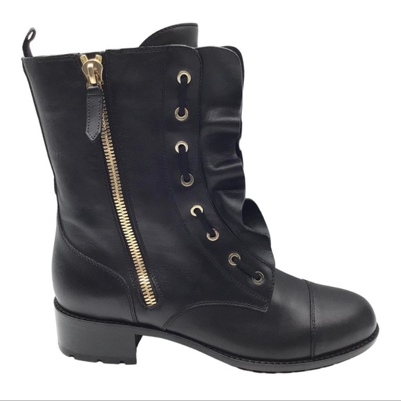 Valentino Black Calfskin Leather Ruffle Combat Boot Sz.38 - Picture 4 of 11